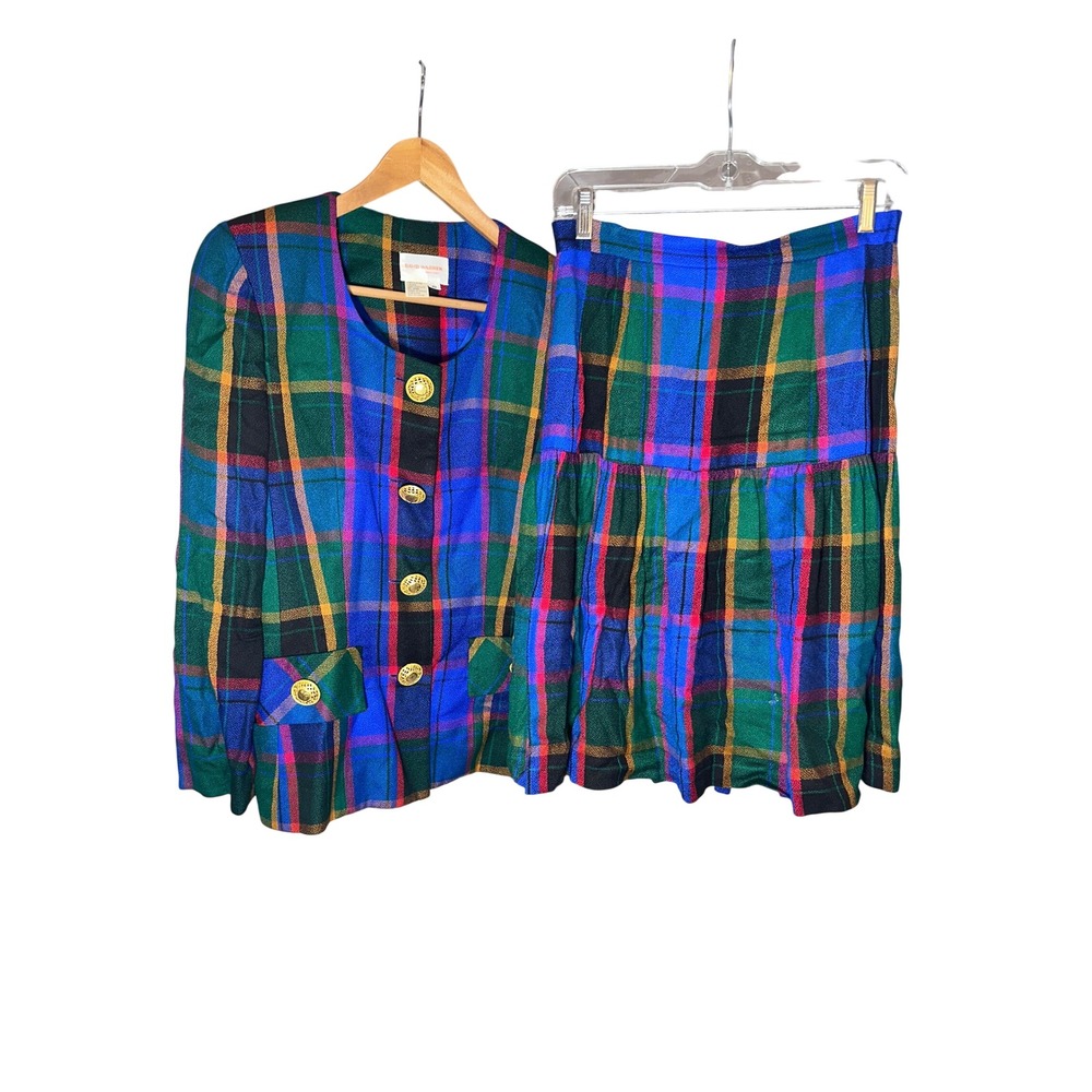 Vintage David Warren New York Plaid Skirt Suit Set Blue Green Gold Button 10